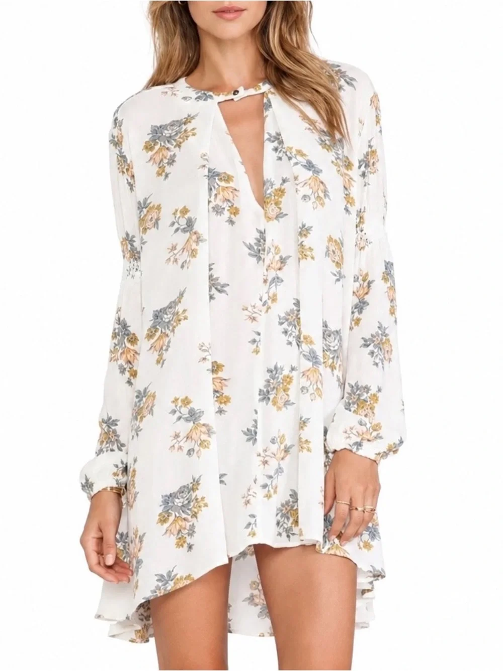 Free People Floral Swing Tunic Dress XS Boho Peasant Mini High Low Keyhole
